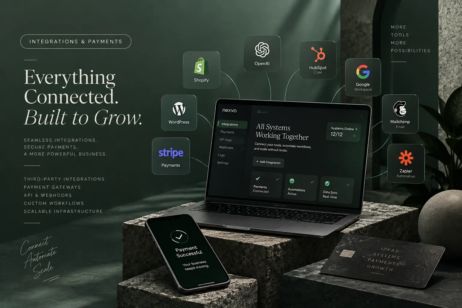 A laptop showing connected integrations, surrounded by app tiles for Stripe, Shopify, HubSpot and Zapier, beside a phone confirming a payment