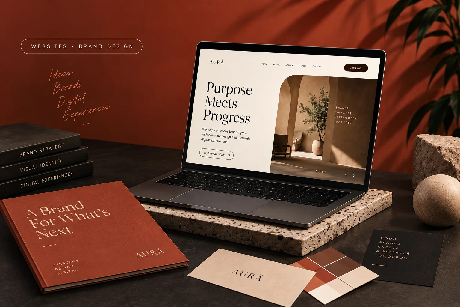 A laptop showing a website design beside a brand book, business cards and colour swatches on a rust-red set